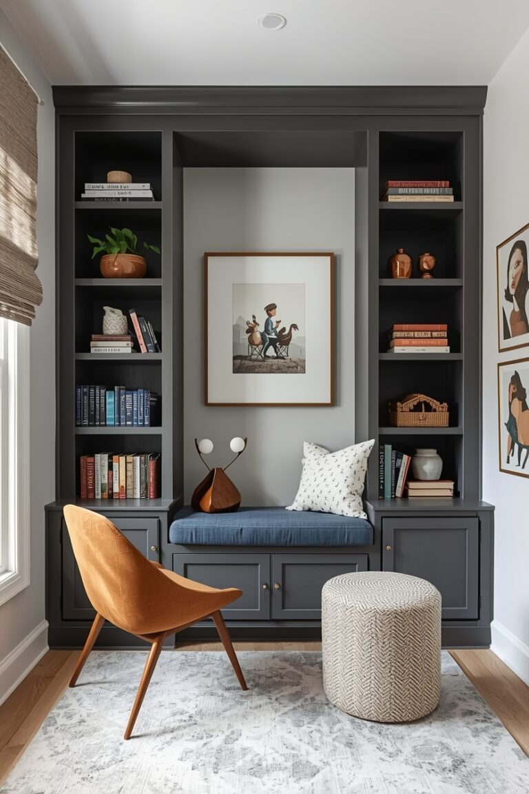 Space-Saving Modern Cozy Reading Nook Ideas with Built-In Shelves