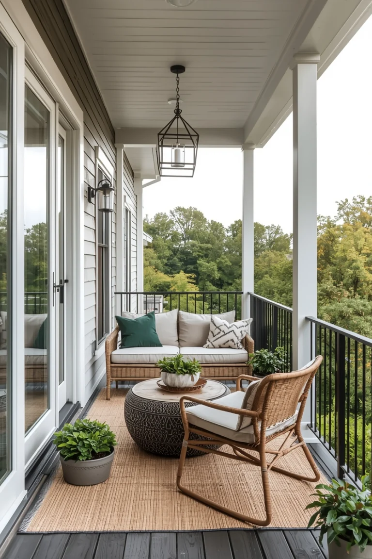Elegant Outdoor Balcony Decor with Cozy Seating Area